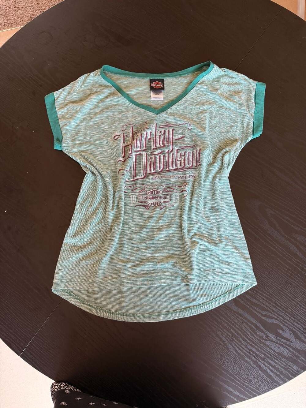 Harley-Davidson Mankato MN Women's V-Neck Green Striped Short Sleeve T-Shirt Siz